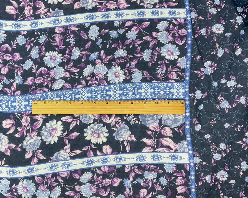 Blue-Multi Poly Stripe Floral Border Print Dobby Chiffon Woven Fabric