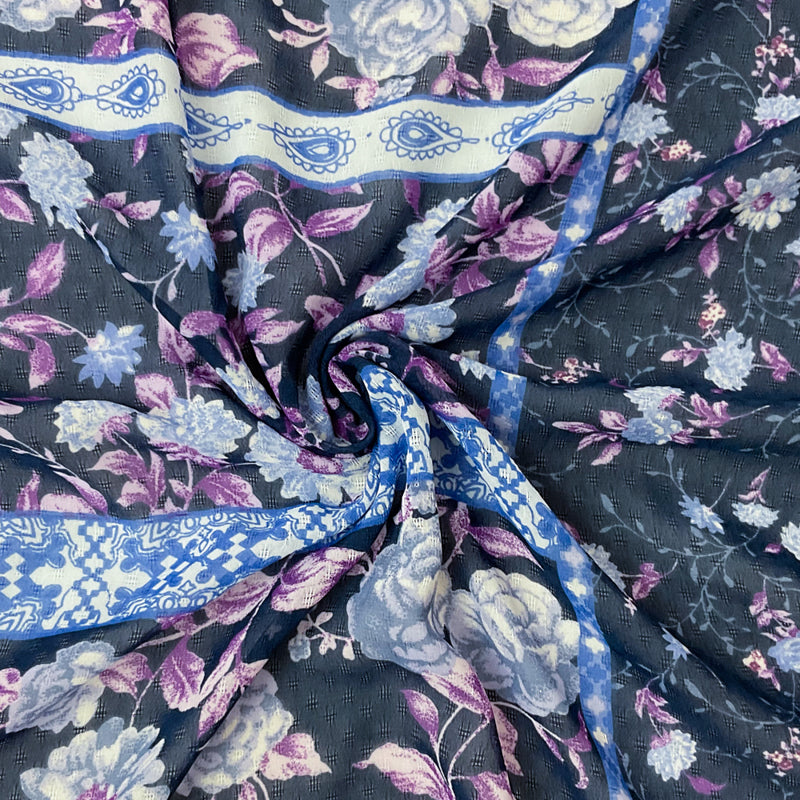 Blue-Multi Poly Stripe Floral Border Print Dobby Chiffon Woven Fabric