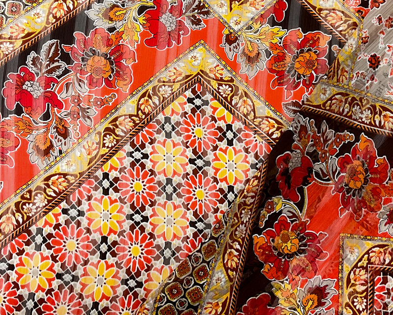 Brown-Multi Poly Floral Printed Satin Stripe Chiffon Woven Fabric