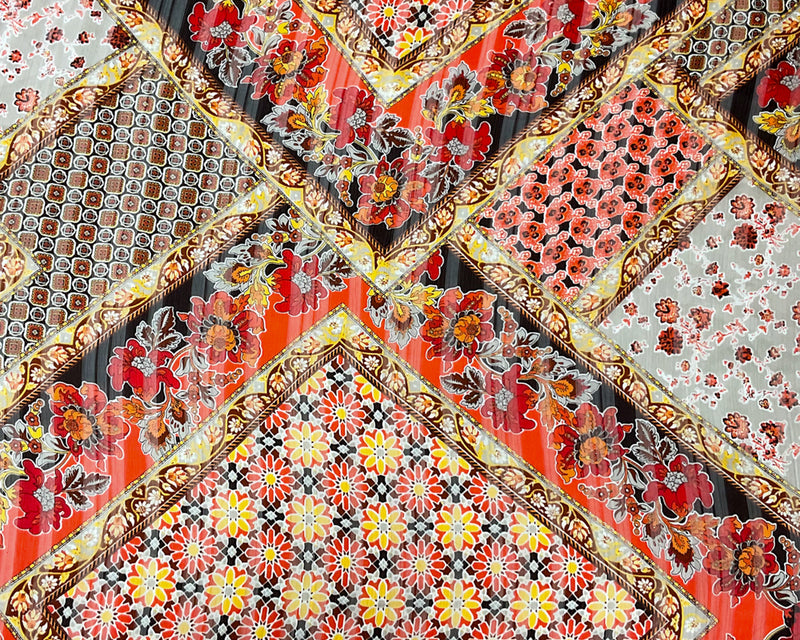 Brown-Multi Poly Floral Printed Satin Stripe Chiffon Woven Fabric