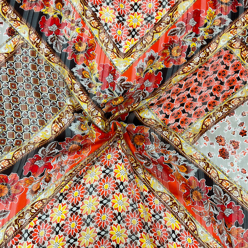 Brown-Multi Poly Floral Printed Satin Stripe Chiffon Woven Fabric