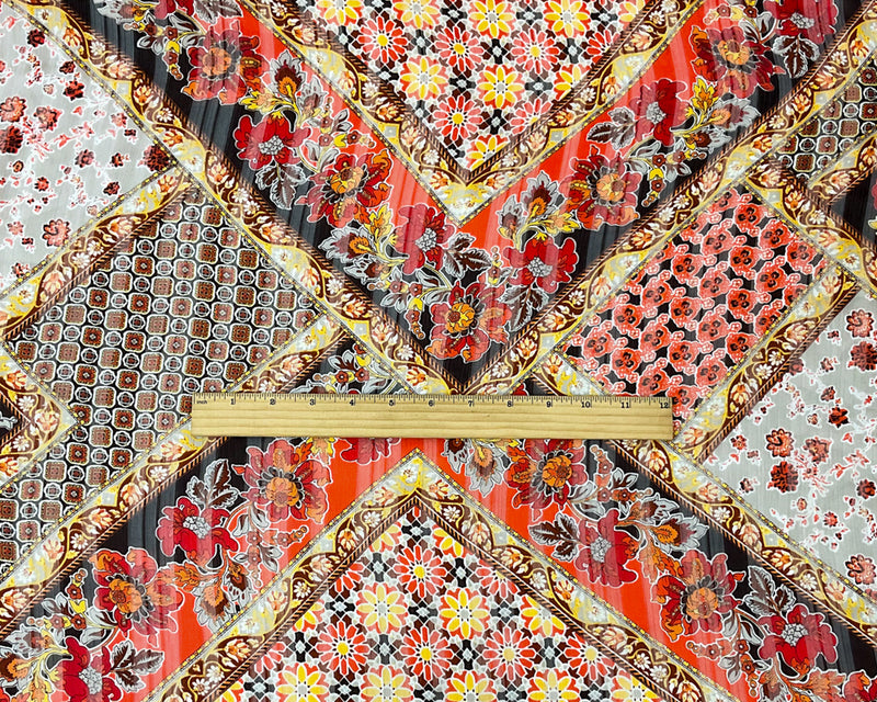 Brown-Multi Poly Floral Printed Satin Stripe Chiffon Woven Fabric