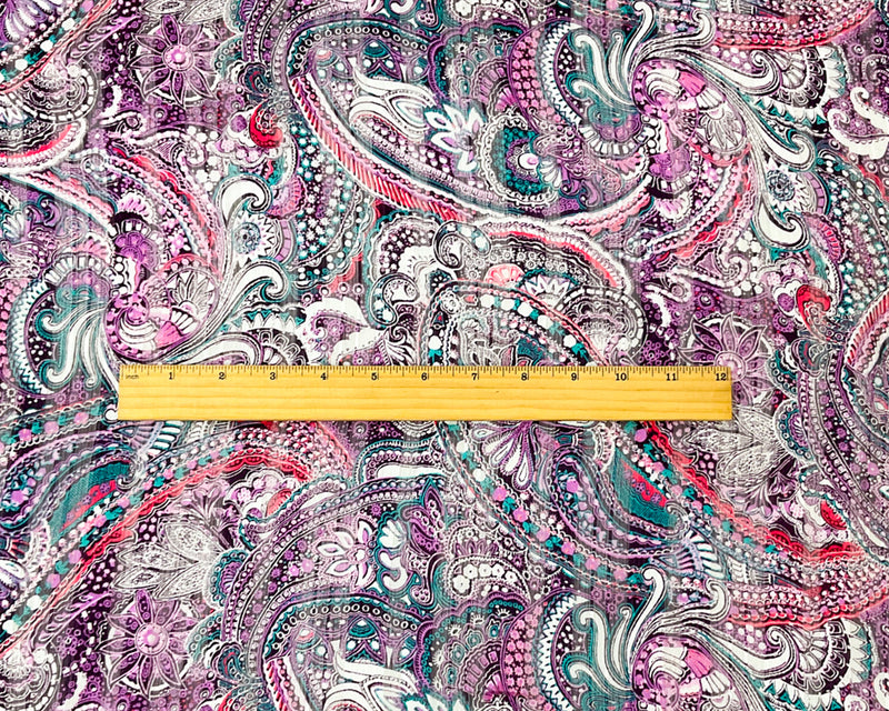 Purple-Multi Poly Paisley Print Satin Stripe Chiffon Woven Fabric