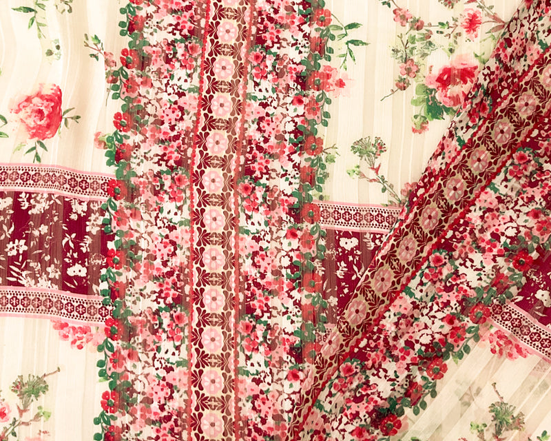 Ivory-Multi Stripe Floral Print Satin Stripe Chiffon Woven Fabric