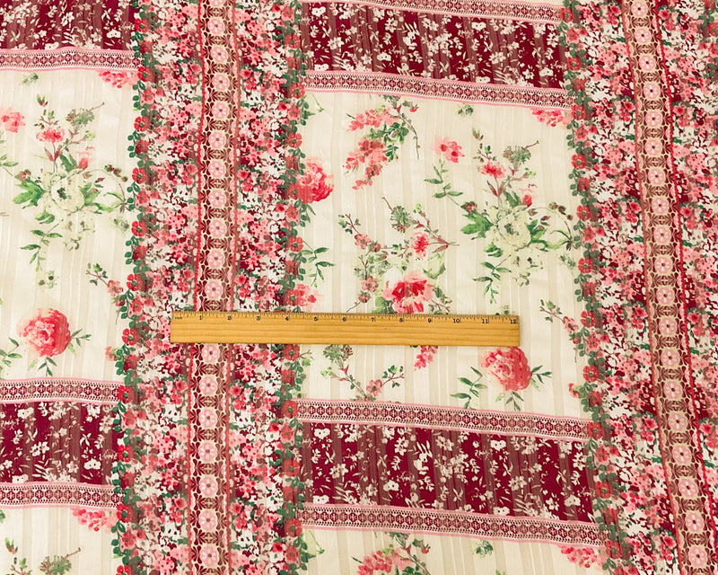 Ivory-Multi Stripe Floral Print Satin Stripe Chiffon Woven Fabric