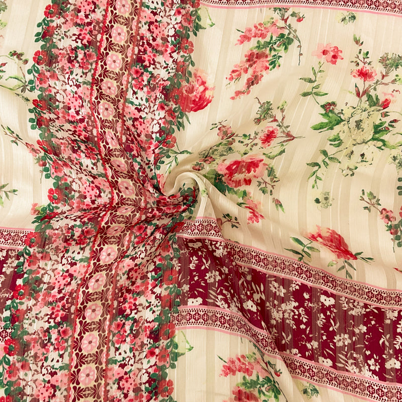 Ivory-Multi Stripe Floral Print Satin Stripe Chiffon Woven Fabric