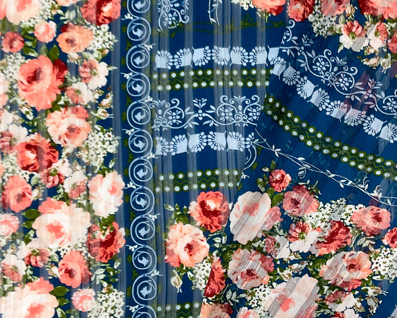 Blue-Multi Poly Floral Print Striped Satin Chiffon Woven Fabric