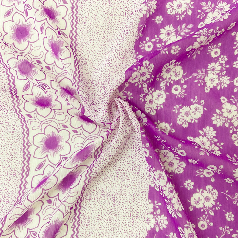Purple-White Poly Floral Printed Yoryu Chiffon Woven Fabric