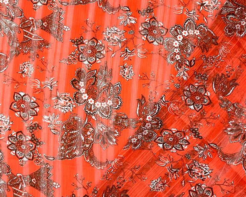 Orange-Multi Floral Printed Satin Stripe Chiffon Woven Fabric