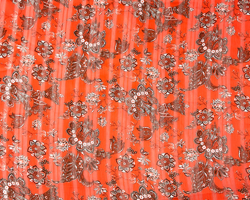 Orange-Multi Floral Printed Satin Stripe Chiffon Woven Fabric
