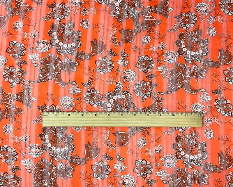 Orange-Multi Floral Printed Satin Stripe Chiffon Woven Fabric