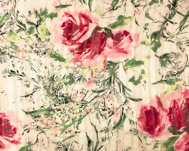 White-Multi Poly Floral Print Stripe Satin Chiffon Woven Fabric