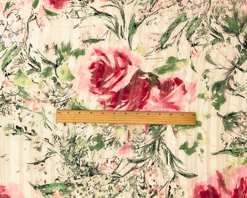 White-Multi Poly Floral Print Stripe Satin Chiffon Woven Fabric