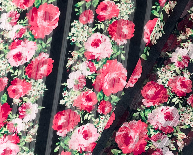 Red-Multi Poly Floral Printed Satin Stripe Chiffon Woven Fabric