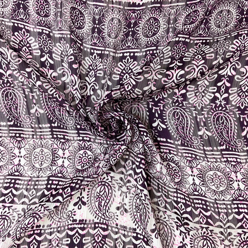 Purple-Multi Poly Paisley Print Satin Stripe Chiffon Woven Fabric
