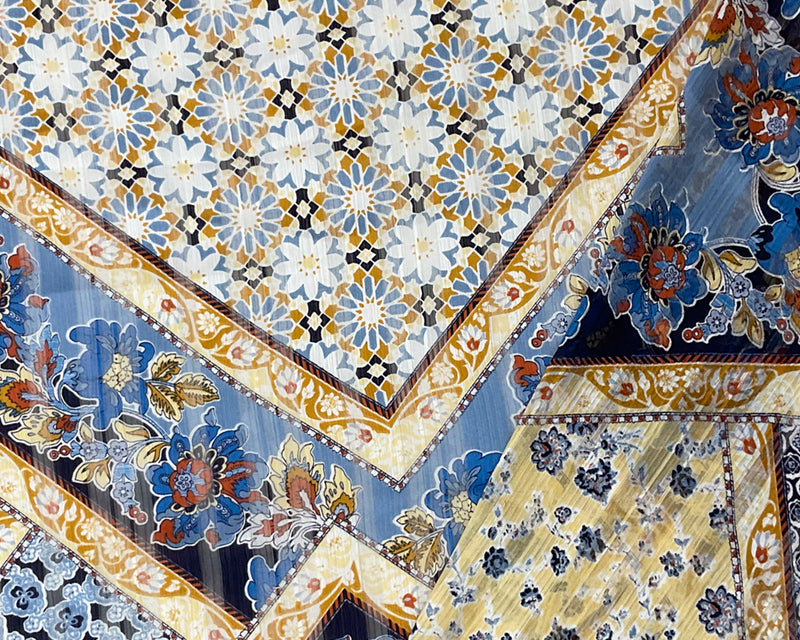 Blue-Multi Poly Floral Printed Satin Stripe Chiffon Woven Fabric
