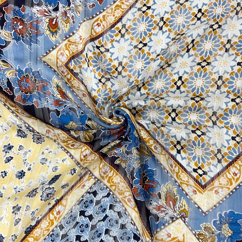 Blue-Multi Poly Floral Printed Satin Stripe Chiffon Woven Fabric