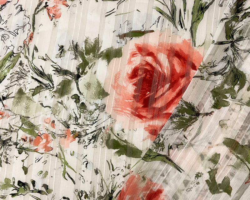 White-Multi Poly Floral Printed Satin Stripe Chiffon Woven Fabric