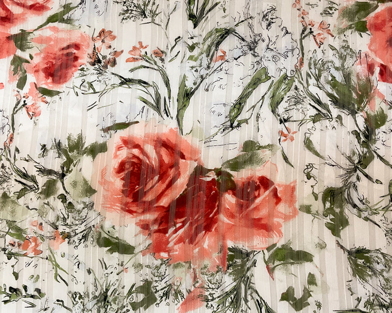 White-Multi Poly Floral Printed Satin Stripe Chiffon Woven Fabric