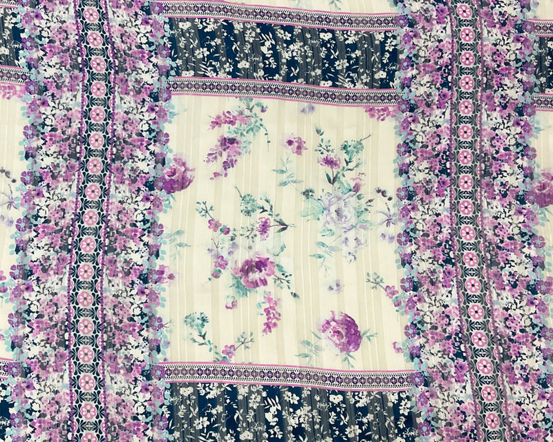 Blue-Multi Poly Floral Printed Satin Stripe Chiffon Woven Fabric
