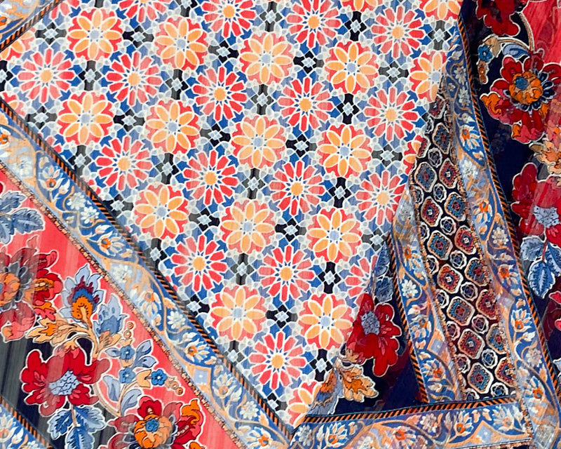 Blue-Multi Poly Floral Printed Satin Stripe Chiffon Woven Fabric