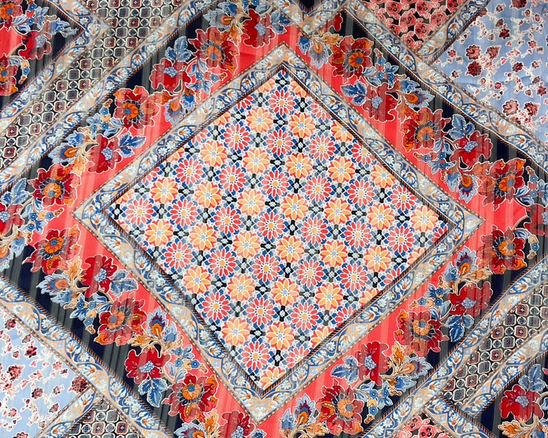 Blue-Multi Poly Floral Printed Satin Stripe Chiffon Woven Fabric