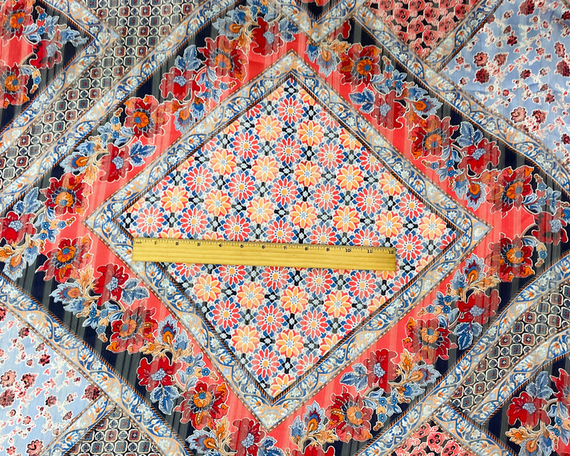 Blue-Multi Poly Floral Printed Satin Stripe Chiffon Woven Fabric