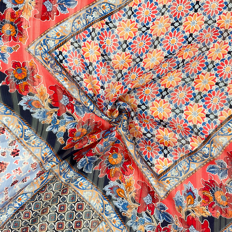 Blue-Multi Poly Floral Printed Satin Stripe Chiffon Woven Fabric