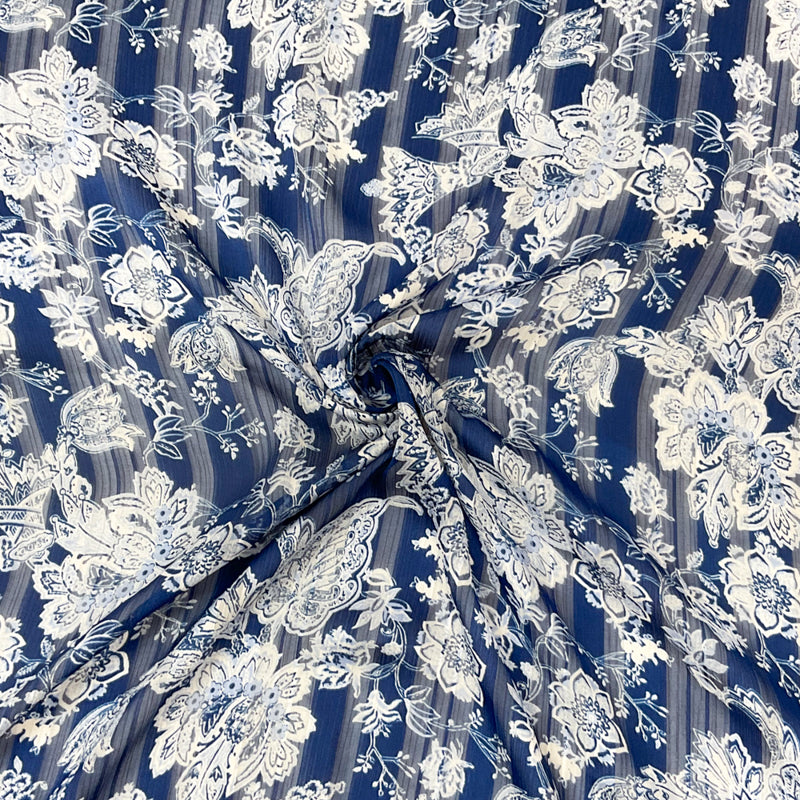 Blue-White Poly Floral Printed Satin Stripe Chiffon Woven Fabric