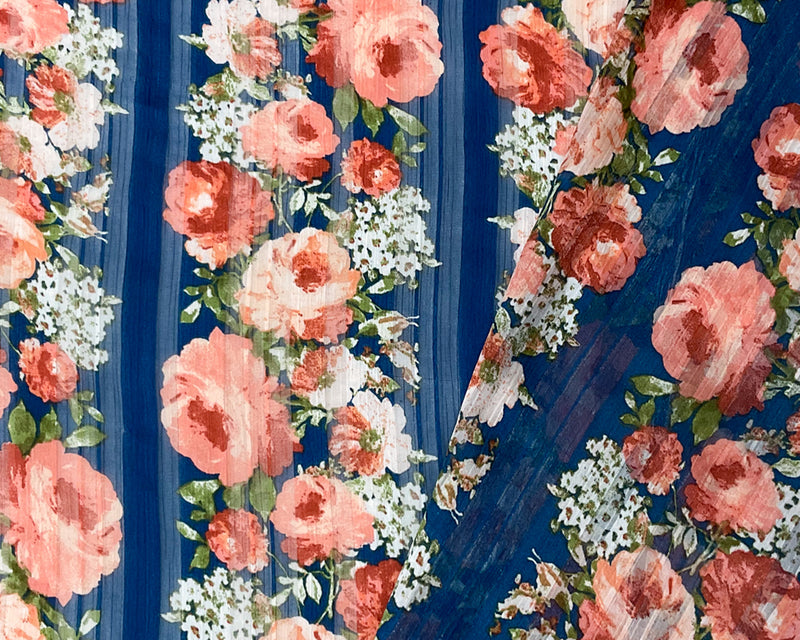 Blue-Multi Poly Floral Printed Satin Stripe Chiffon Woven Fabric