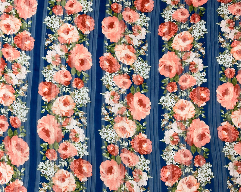 Blue-Multi Poly Floral Printed Satin Stripe Chiffon Woven Fabric