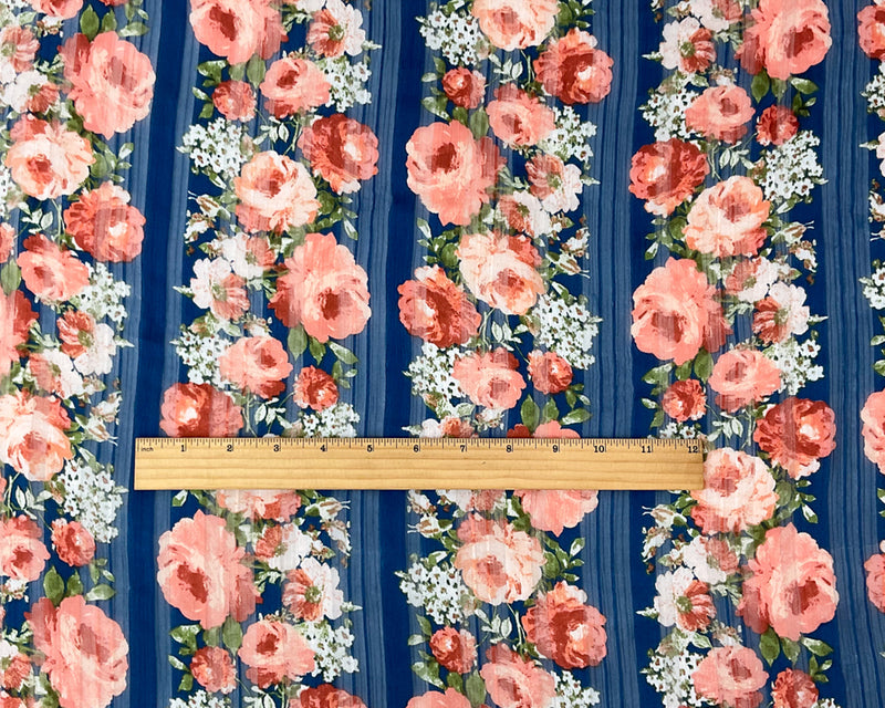 Blue-Multi Poly Floral Printed Satin Stripe Chiffon Woven Fabric