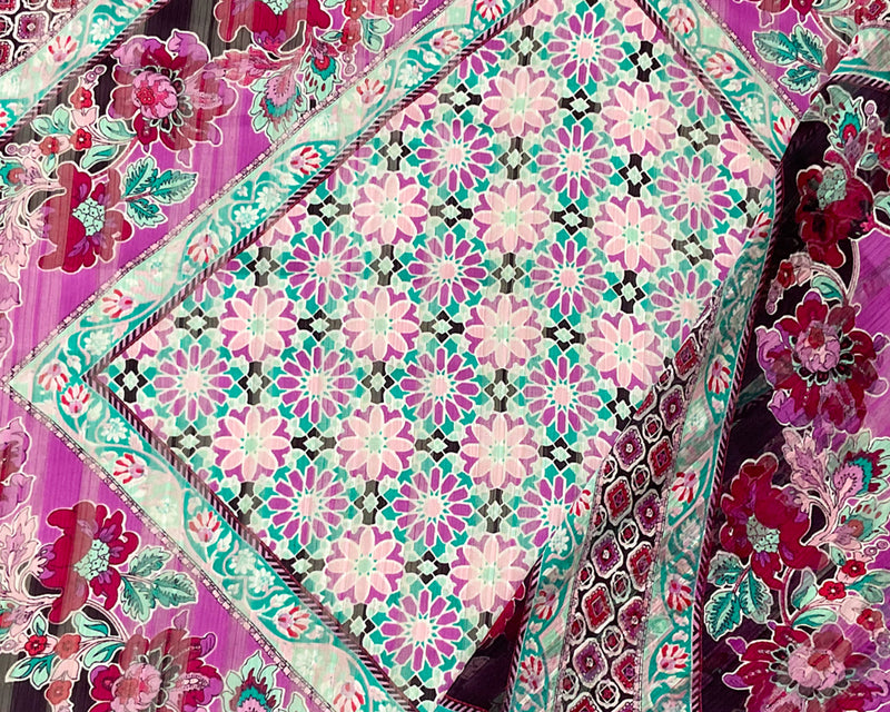 Turquoise-Multi Floral Printed Satin Stripe Chiffon Woven Fabric