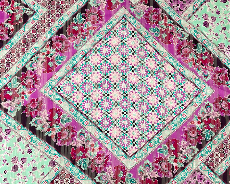 Turquoise-Multi Floral Printed Satin Stripe Chiffon Woven Fabric