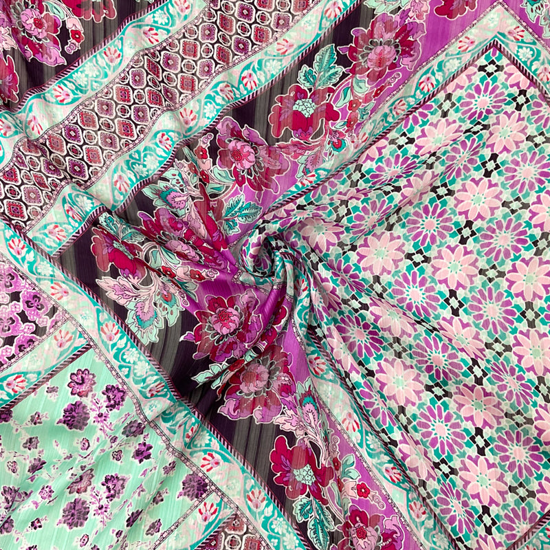 Turquoise-Multi Floral Printed Satin Stripe Chiffon Woven Fabric