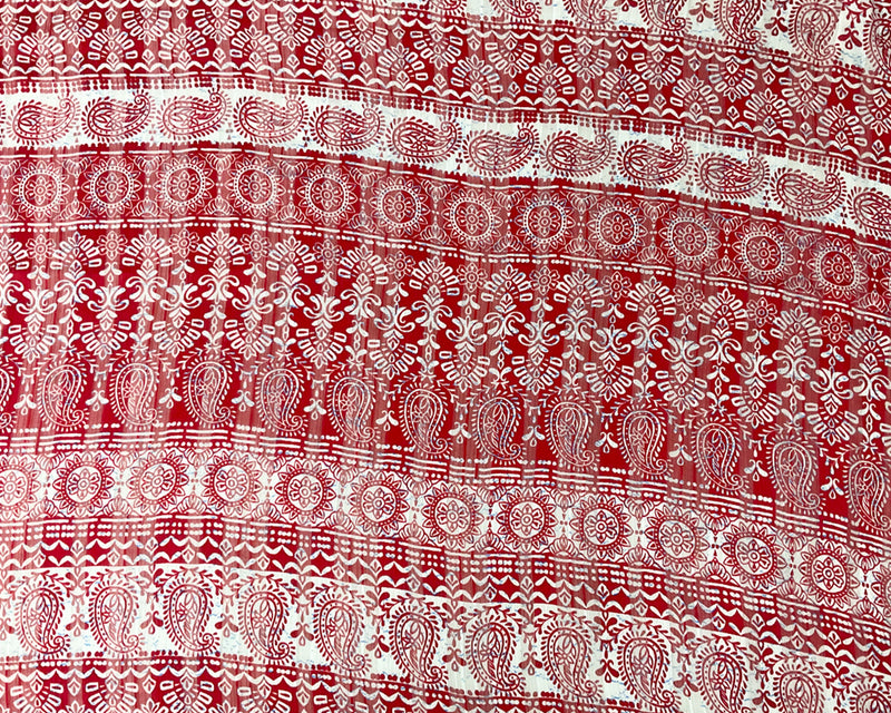 Red-Multi Stripe Paisley Print Satin Stripe Chiffon Woven Fabric