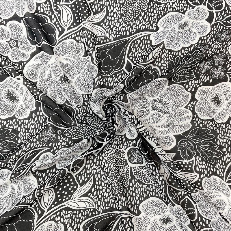 1 3/8 YD PC-Black-White Poly Floral Printed Crepe Chiffon Woven Fabric