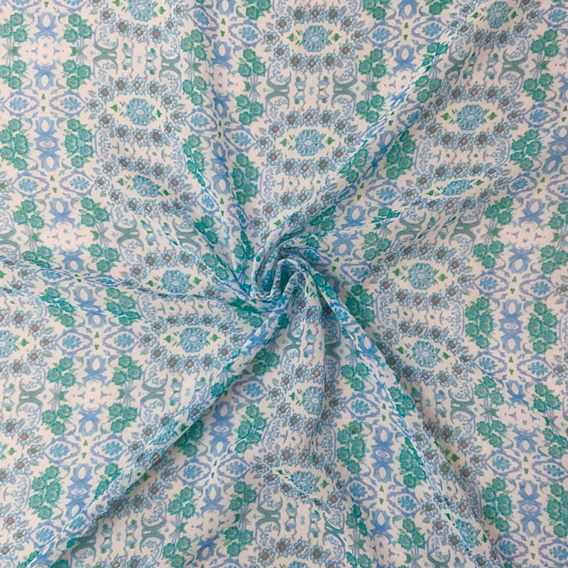Blue-White-Multi Poly Abstract Floral Printed Chiffon Woven Fabric