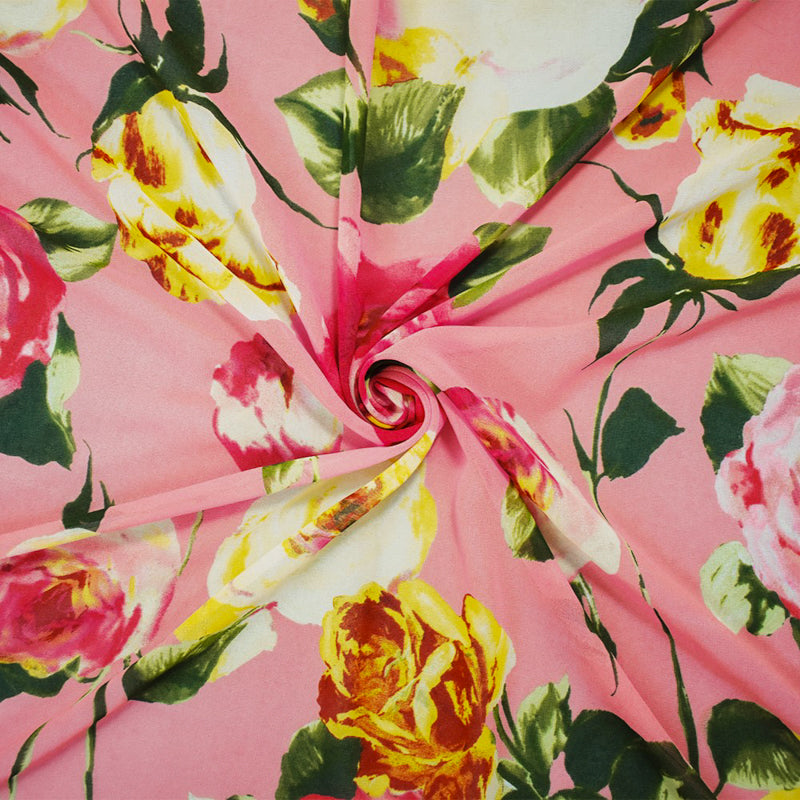 Pink-Yellow-Multi Poly Floral Printed Chiffon Woven Fabric