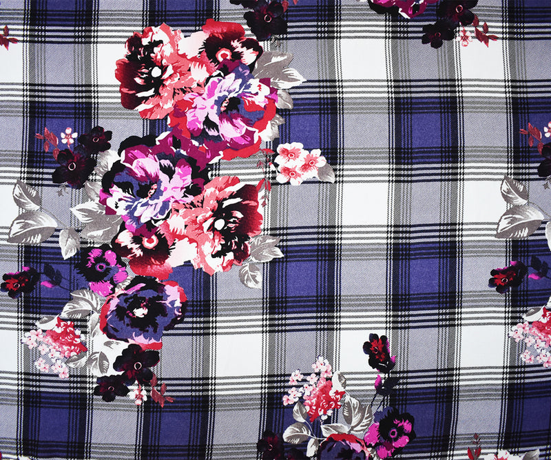Red-Multi Poly Floral Plaid Printed Moss Crepe Woven Fabric