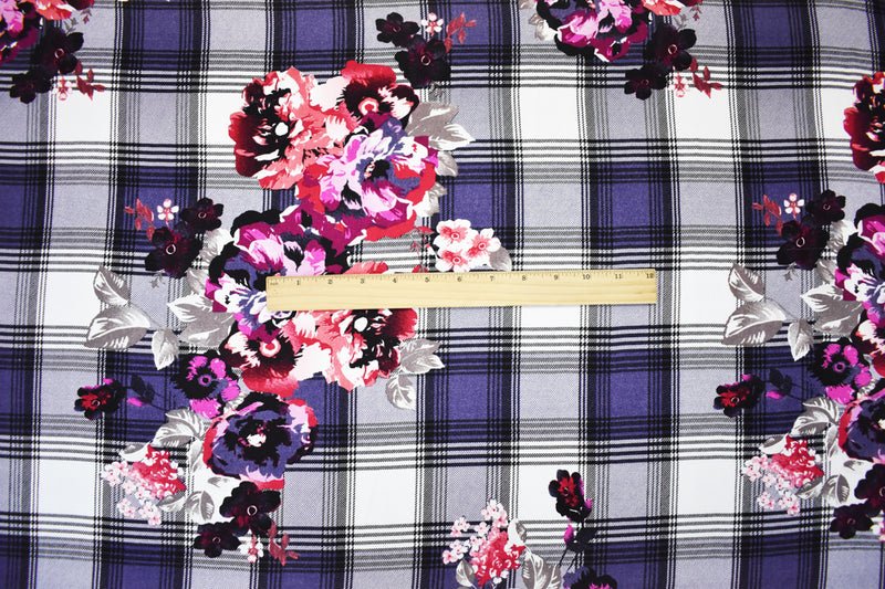Red-Multi Poly Floral Plaid Printed Moss Crepe Woven Fabric