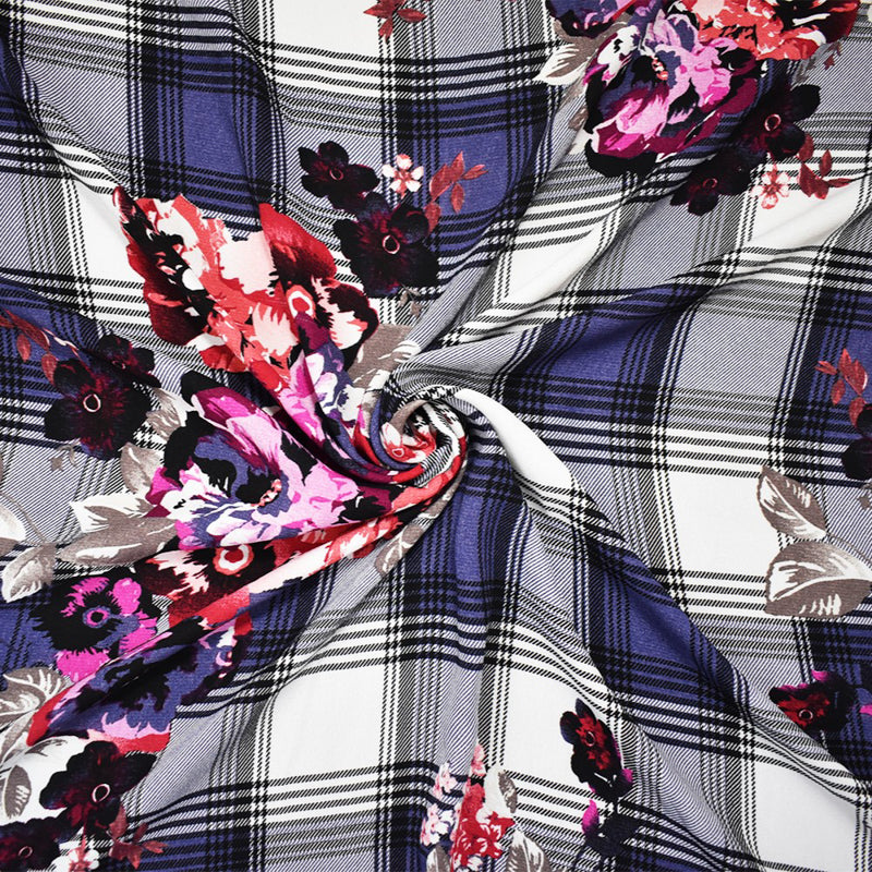 Red-Multi Poly Floral Plaid Printed Moss Crepe Woven Fabric