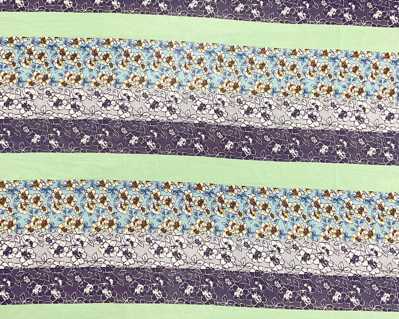 Blue-Green-Multi Poly Stripe Floral Printed Chiffon Woven Fabric