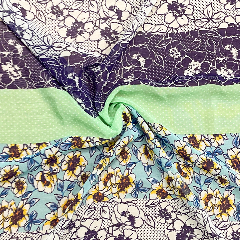 Blue-Green-Multi Poly Stripe Floral Printed Chiffon Woven Fabric