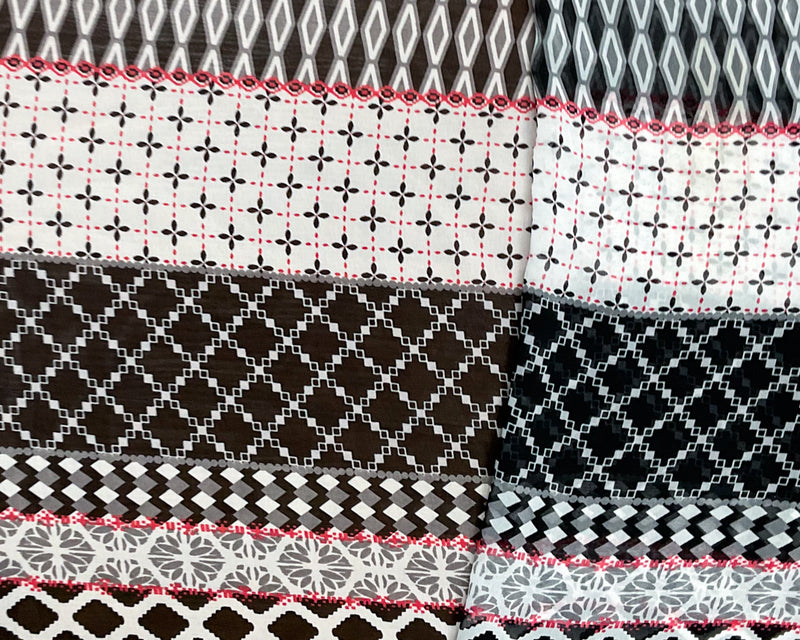 Red-White-Multi Poly Multi Pattern Printed Chiffon Woven Fabric