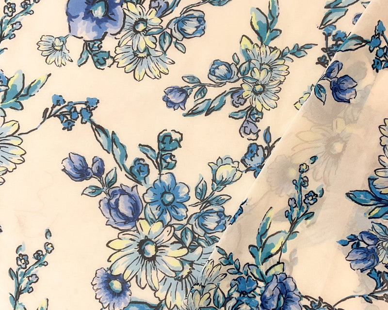4 YD PC-Ivory-Blue-Multi Poly Floral Printed Chiffon Woven Fabric