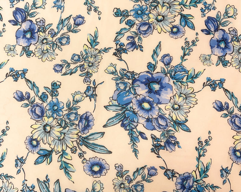 4 YD PC-Ivory-Blue-Multi Poly Floral Printed Chiffon Woven Fabric