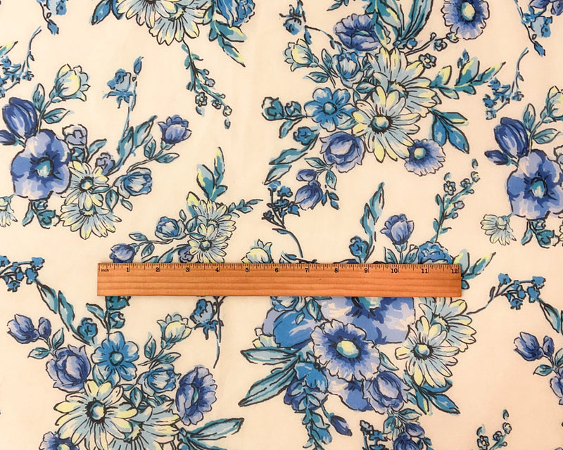 4 YD PC-Ivory-Blue-Multi Poly Floral Printed Chiffon Woven Fabric