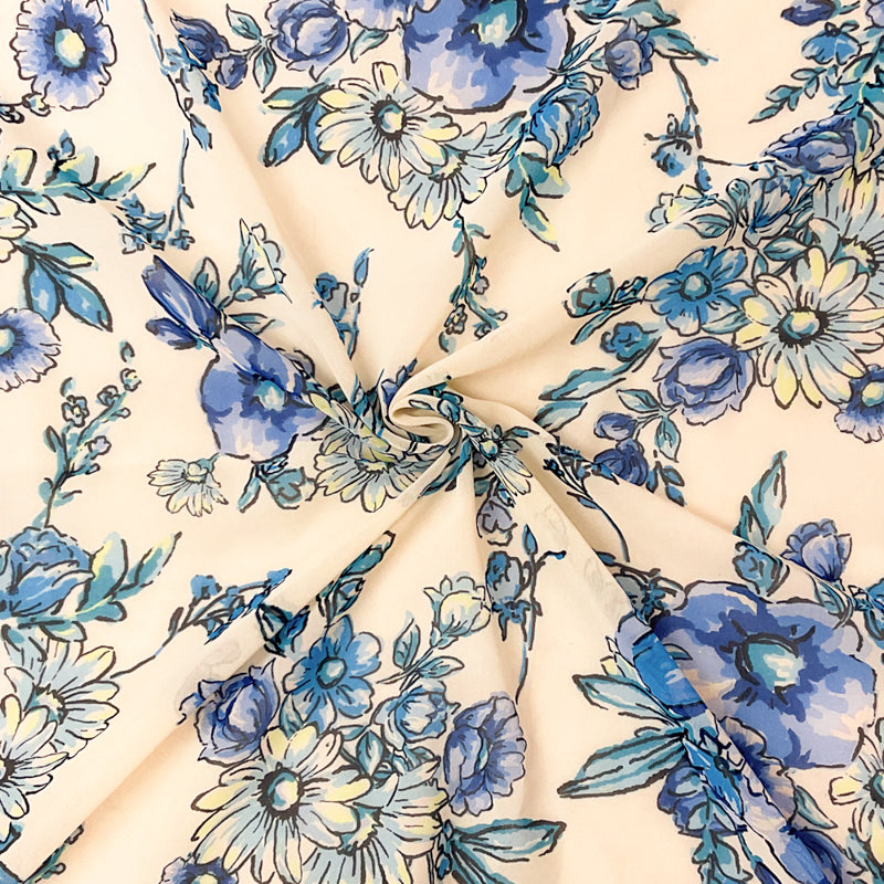 4 YD PC-Ivory-Blue-Multi Poly Floral Printed Chiffon Woven Fabric