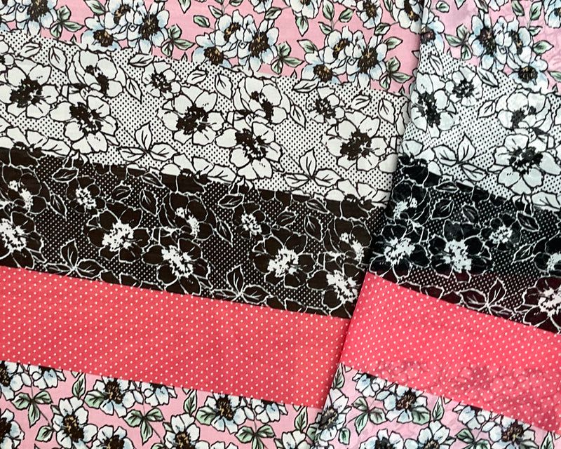 Red-Black-Multi Poly Stripe Floral Printed Chiffon Woven Fabric
